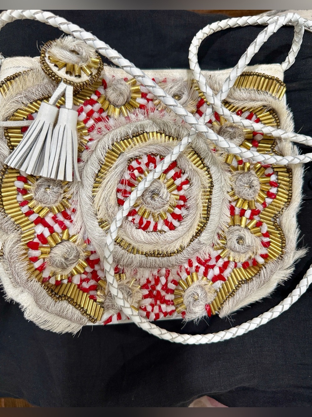 Antik Batik Pony-style calfskin crossbody calfskin white bag gold red beaded
